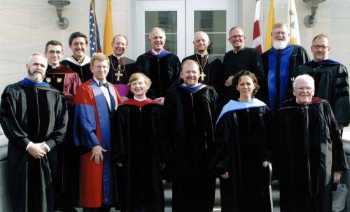 2008 Dedicaton of McGivney Hall Archbishop Lori Archbishop Wuerl CUA Pres Fr. OConnell with faculty